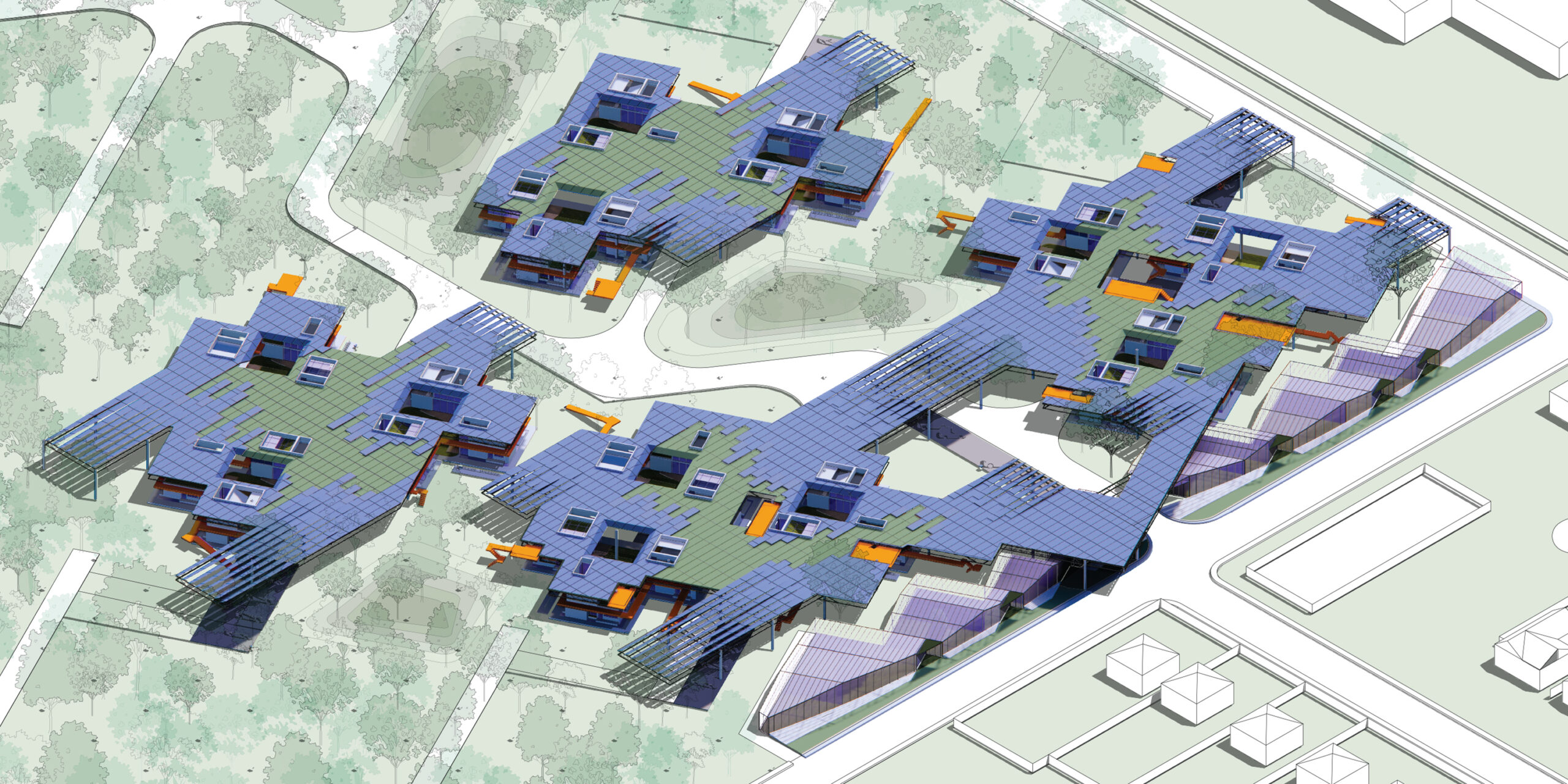 Overview of a multi-dwelling residential community linked by walking paths striated roof panels