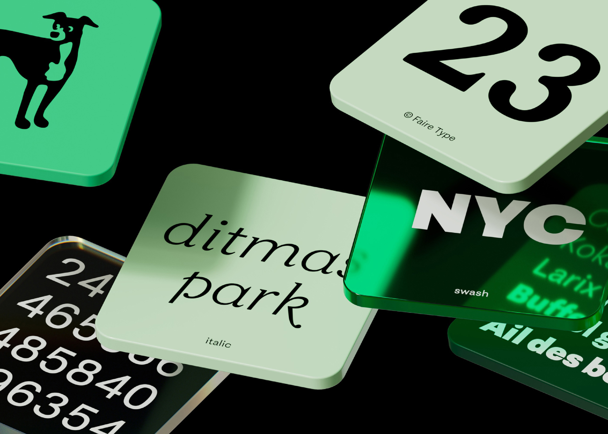 A collection of green squares featuring text like “ditmas park” and “NYC” on top of a black surface.