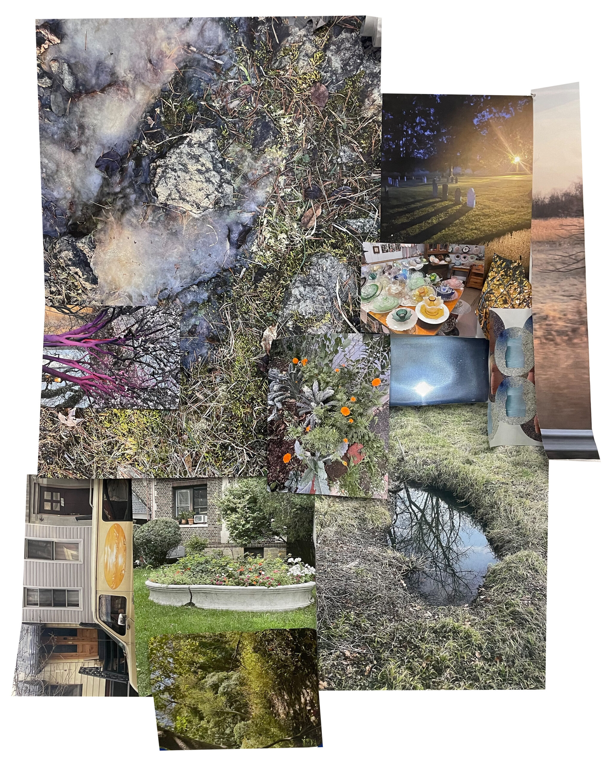 Collaged photos of textures, including puddles of water and ice, a residential garden, a collection of glass vessels, and a graveyard dramatically lit by a low sun
