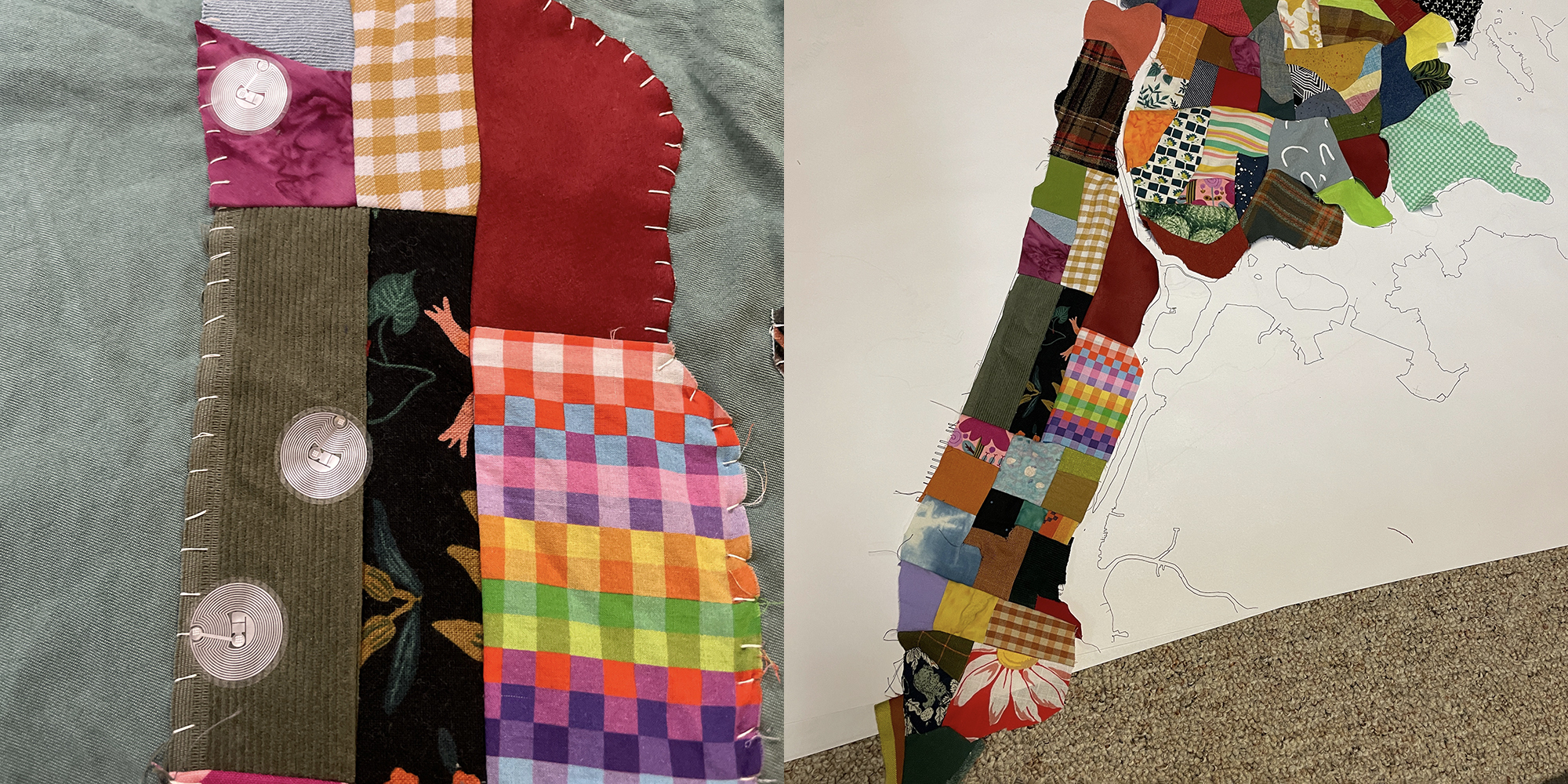 Work-in-progress views of “QUILT: Queer Intimacies Located in Thread” by Gabriella Evergreen MSLIS ‘24, including close-up view of the NFC tags embedded in the fabric.