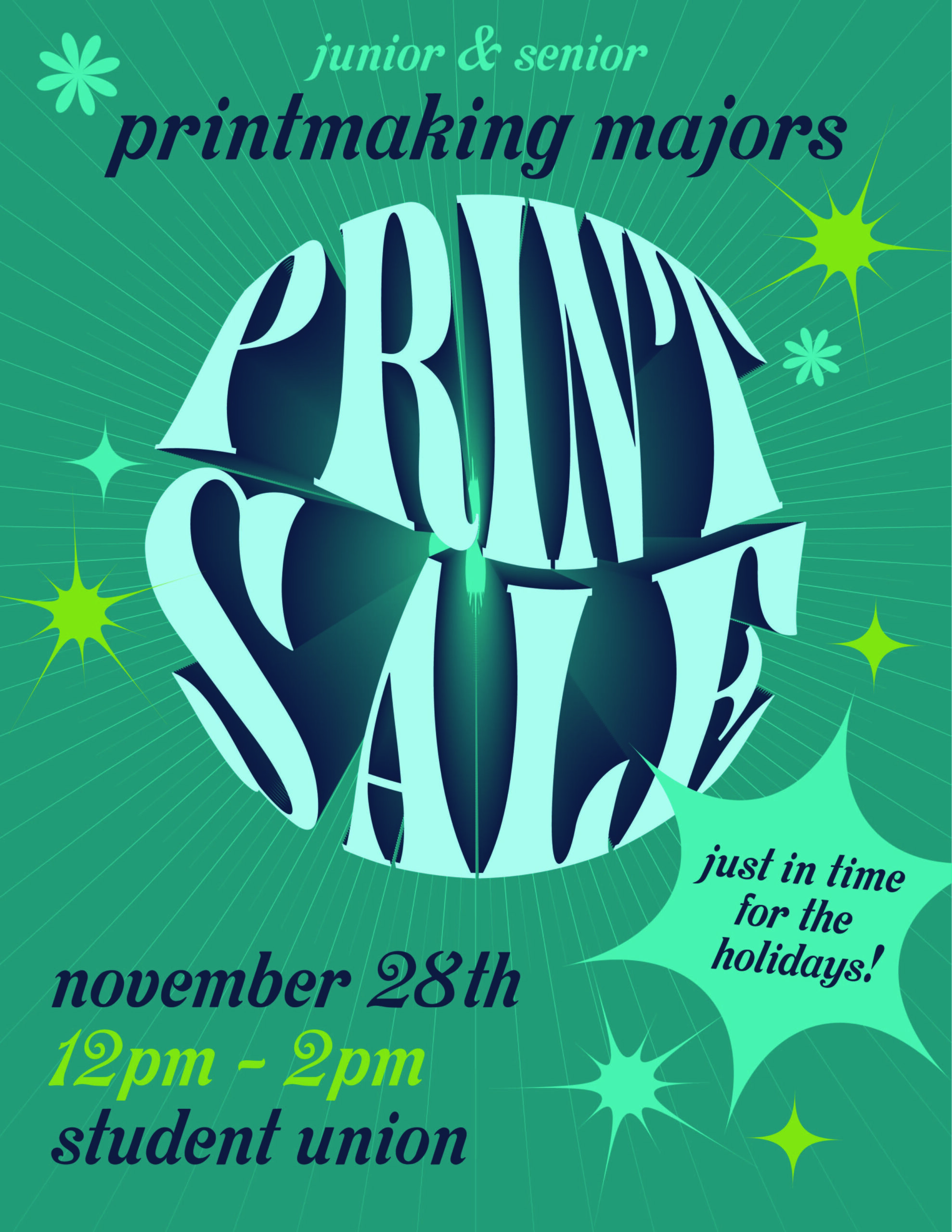 A blue poster contains text about time and date, with a circular bubble most prominent holding the words