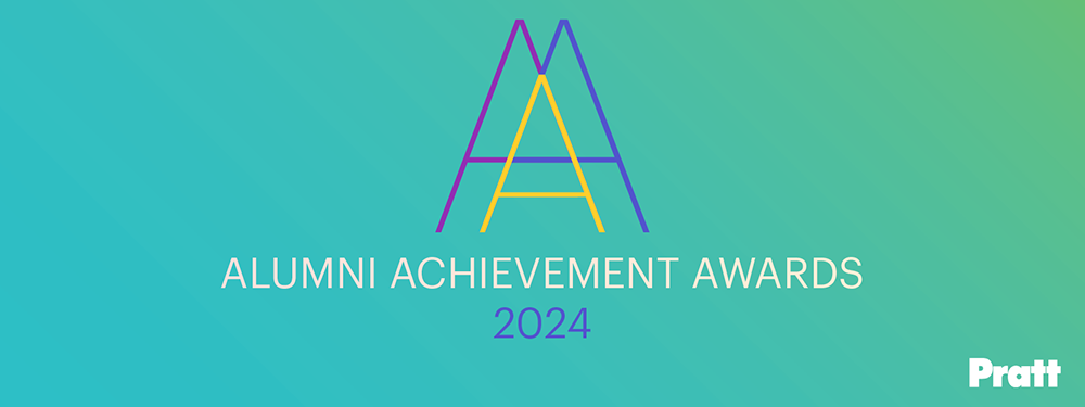 Event poster titled 'Alumni Achievement Awards 2024'. A word-art with the alphabet 'A' against a turquoise to yellowish green gradient backdrop.