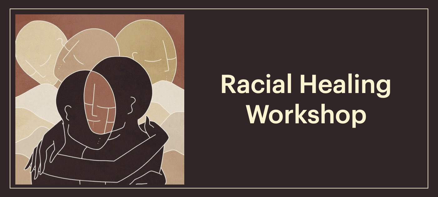 Outline of multiple people of different shades of neutral colors hugging and embracing. The right of the image reads