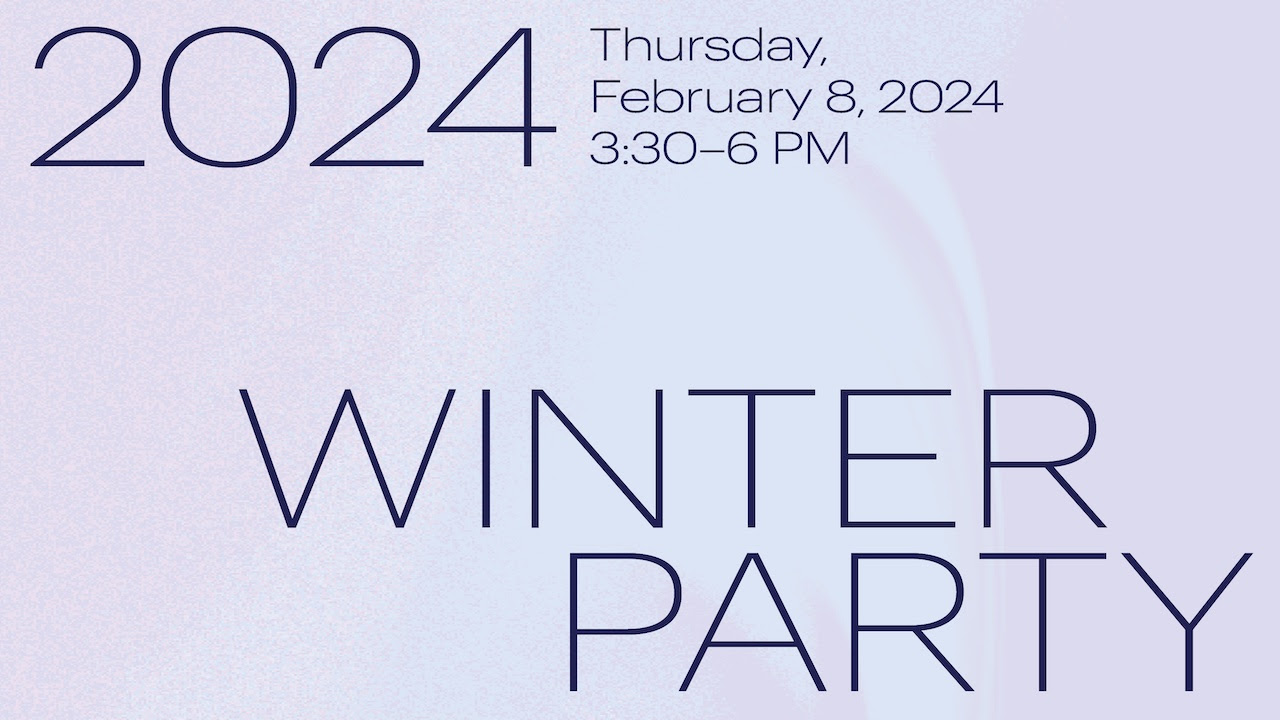 Graphic for 2024 Winter Party, with light blue textured background, with event information in the foreground