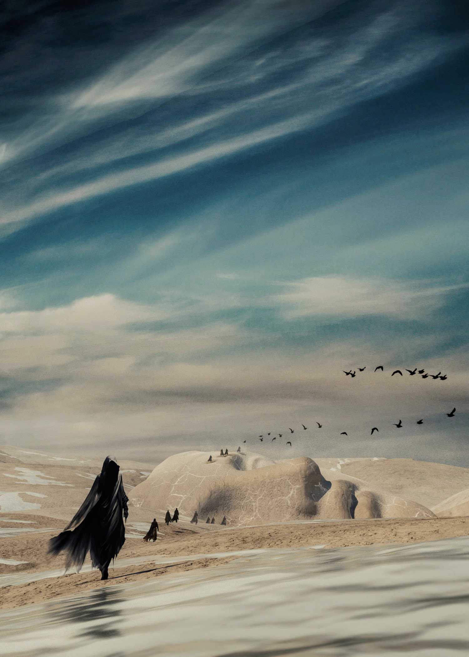 Artistic photograph of blue skies and sand dunes. One of the dunes is shaped like a face, black birds migrating in the sky and a long line of people dressed in black, hooded gowns like the grim reaper.