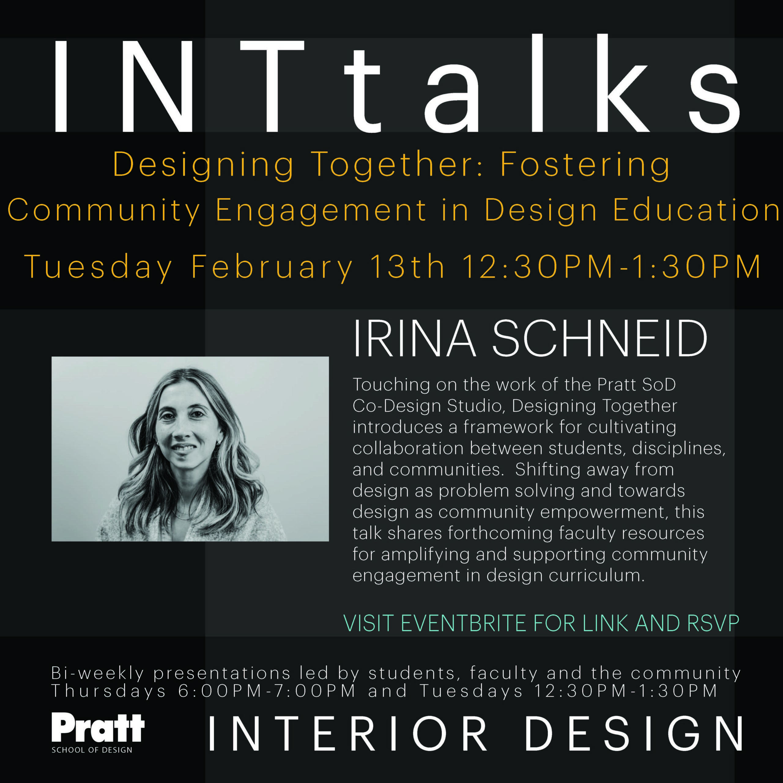 Event poster with the event details, and an image of the speaker, Irina Schneid.