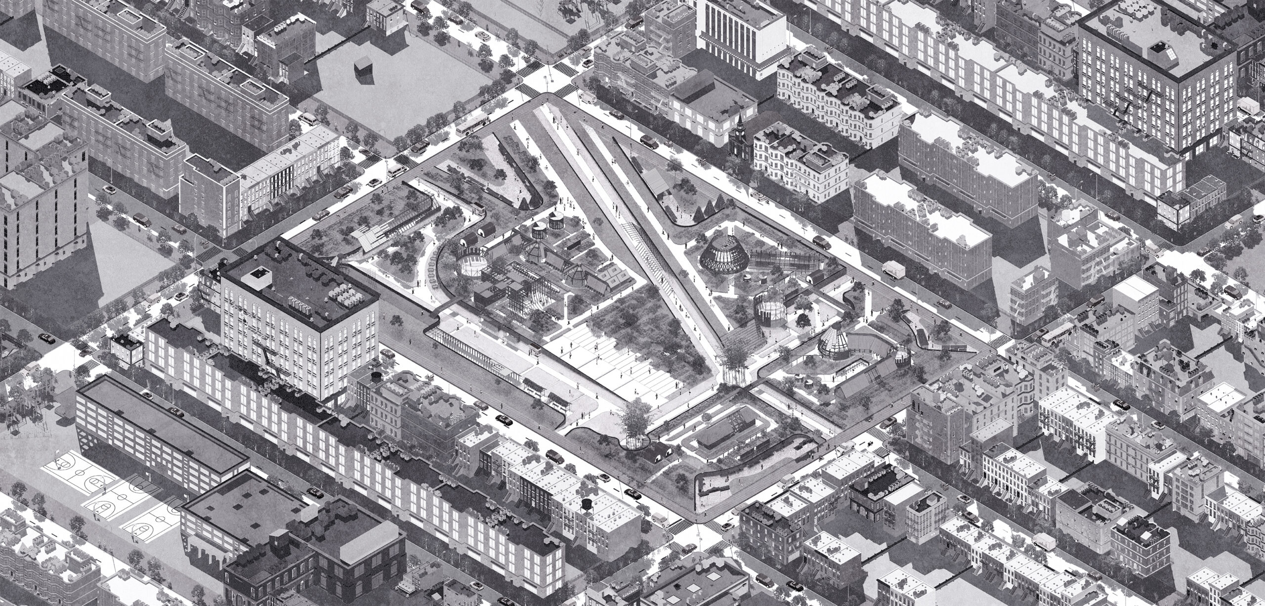 a depiction of a section of a city blocks, from a overhead, tilted viewpoint, populated with buildings, streets, and railroad tracks