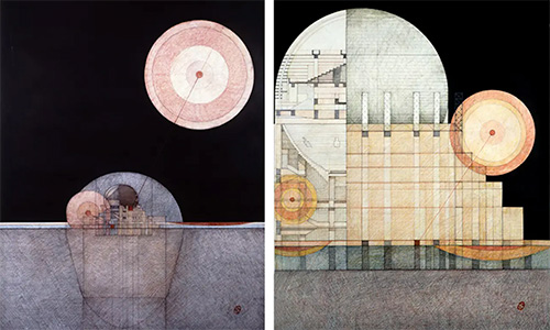 Image of a couple architectural sketches of an observatory.