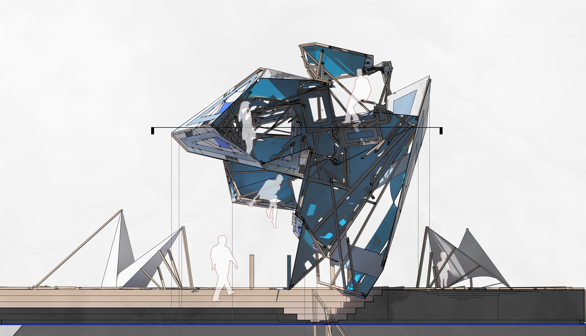 2D side relief rendering of the structure. A person is shown walking up the stairs while another is under one of the pavilions.