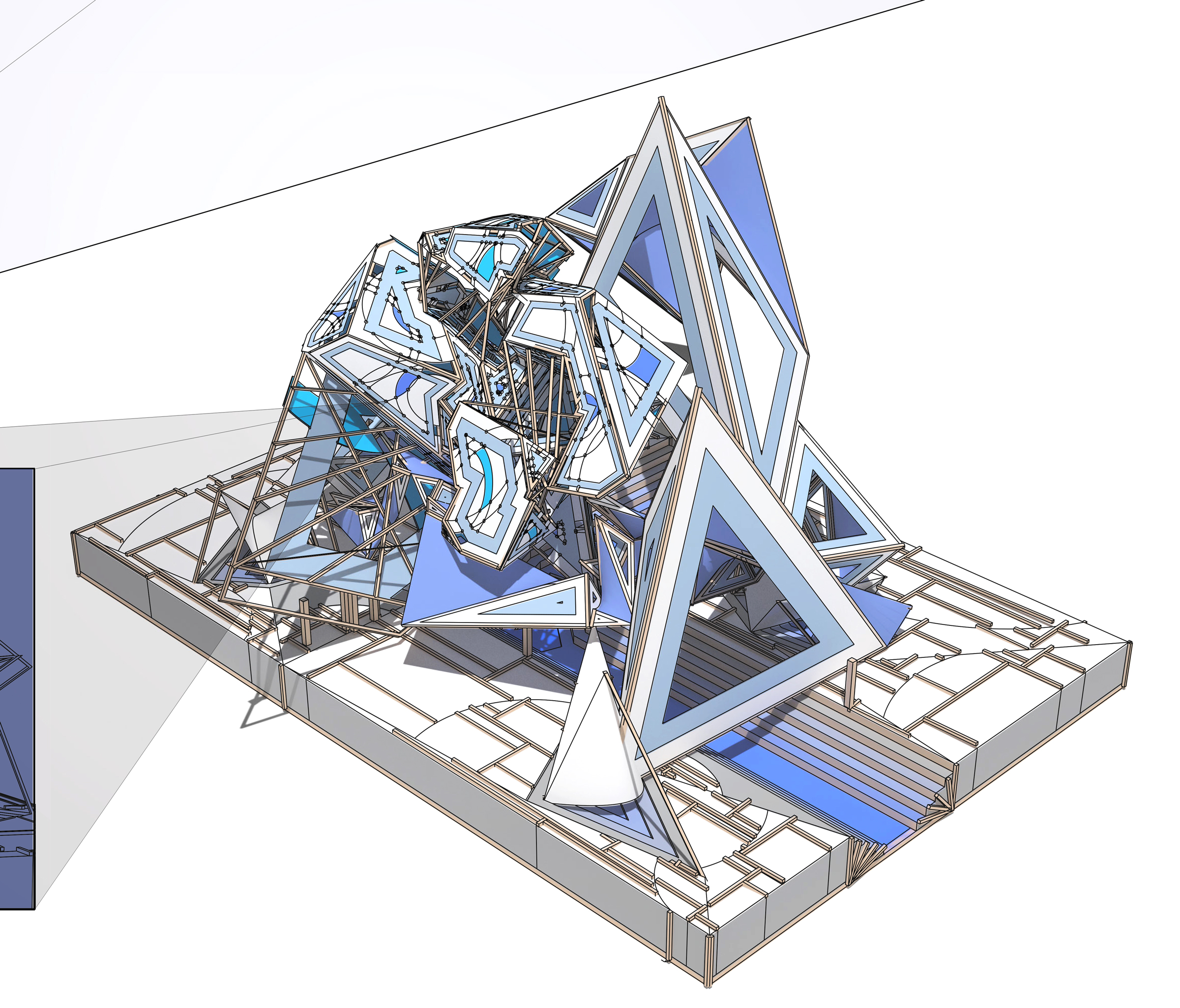 A 3D rendering of the structure that shows that the large element in the center can be folded down to cover more ground.