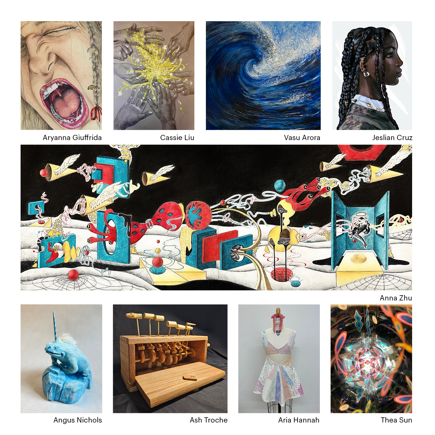 9 works of art included in the Foundation Student Choice exhibit