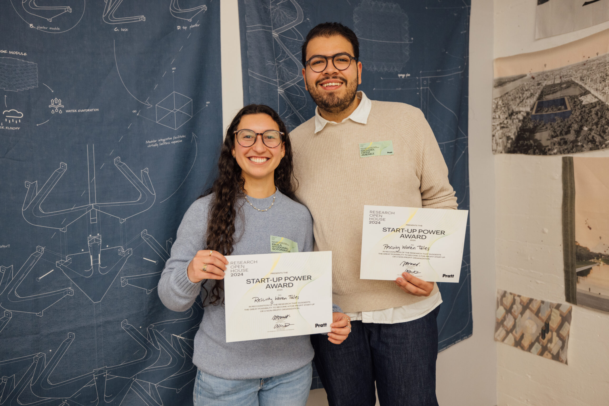 Paula Stoddard Sotomayor, MArch ‘24, and Michael Ortiz Jiménez, MArch ‘24, with the Start-Up Power Award for Rescuing Woven Tales: The Ever Growing Sponge