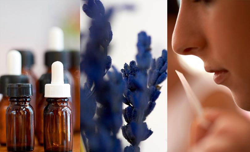 3 Images. One of some dripper bottles, one of some flowers, and one of a woman's nose