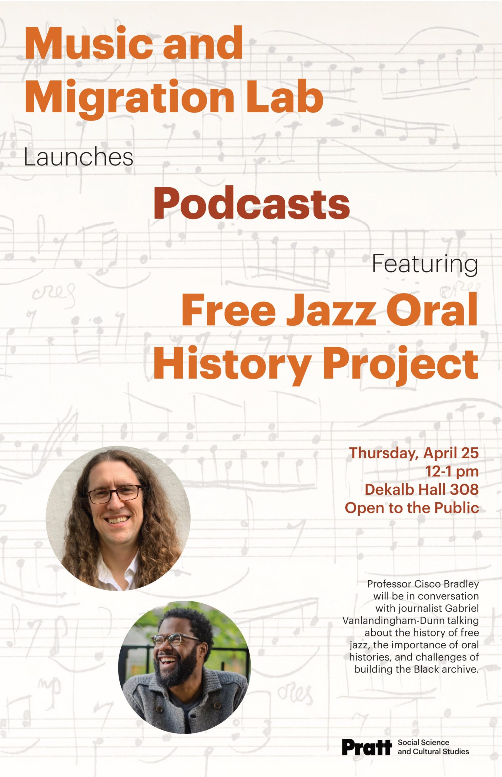 Event poster titled 'Music and Migration lab' with images of Professor Cisco Bradley and journalist Gabriel Vanlandingham-Dunn.