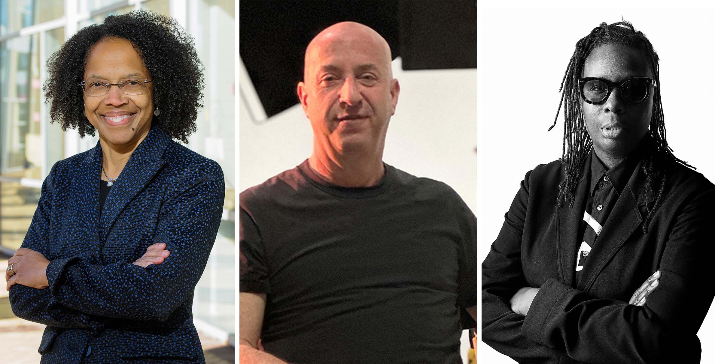 Three headshots: Gilda A. Barabino is smiling and her arms are crossed in front of her; Doug Steiner is wearing a black t-shirt; and Mickalene Thomas's photo is in black and white and she has her arms crossed.