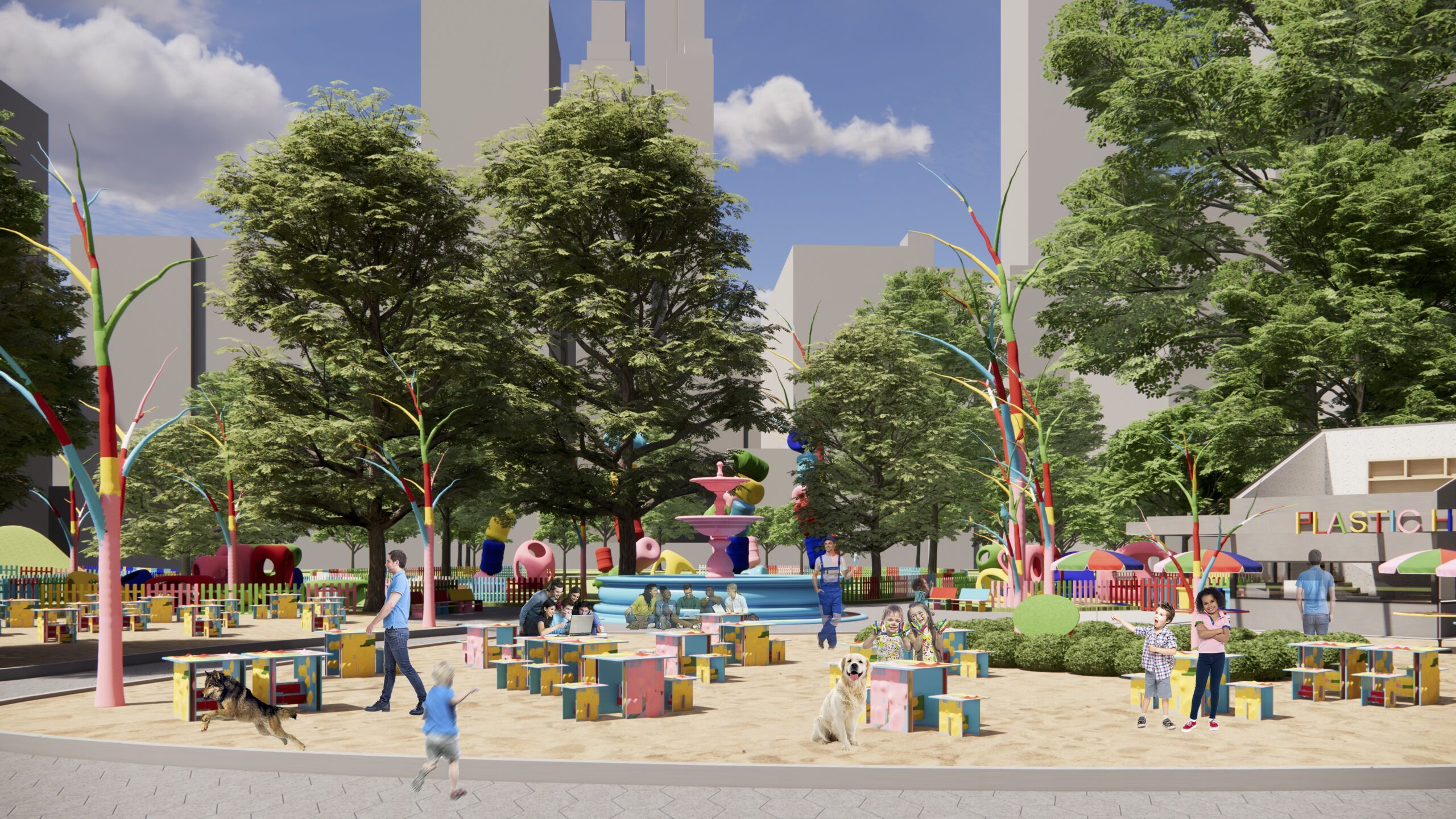 A computer rendering of Madison Square Garden with multi-colored trees, tables, fountains, etc. Adults, children, and dogs are enjoying the public space.