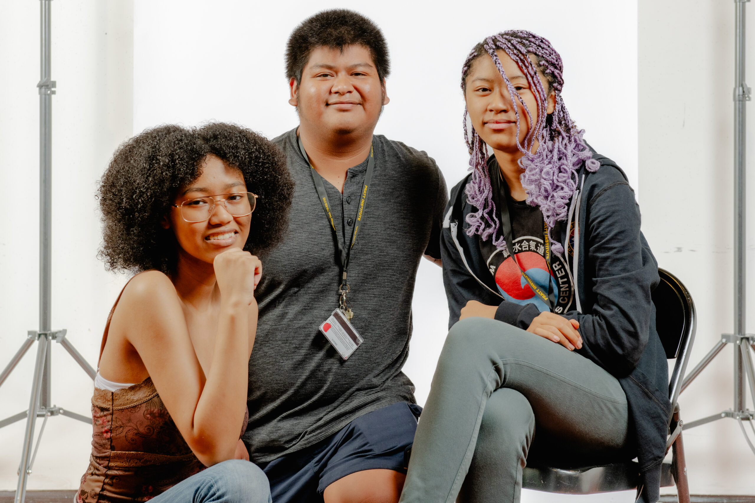 2024 Black Alumni of Pratt PreCollege Scholars (from left to right): Sakura Tang, Javier Leal, and Deva Herbert Bai (Photo by Todd Midler Photography)