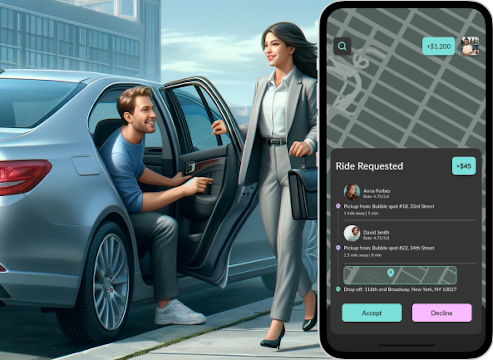 Illustration of a man getting out of a car while a woman in a suit with a briefcase walks by smiling. Mockup of a screen shows an app with a map and Ride Requested.