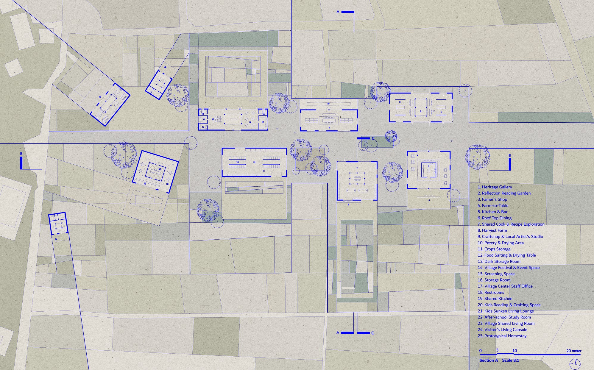 An aerial view of a blue and green map, with a key marking where various buildings/spaces are.
