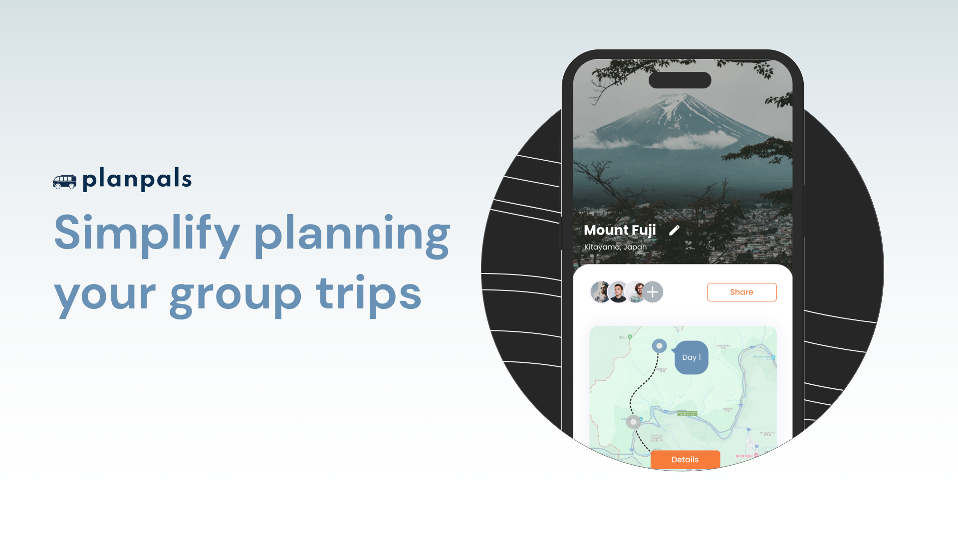 planpals logo, "simplify planning your group trips." Mockup of a phone screen featuring Mount Fuji.