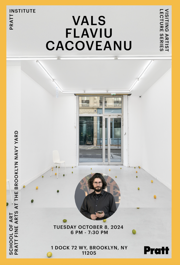 Event poster with the image of the artist, Flaviu Cacoveanu. The background image of the poster is the image of his gallery exhibit.