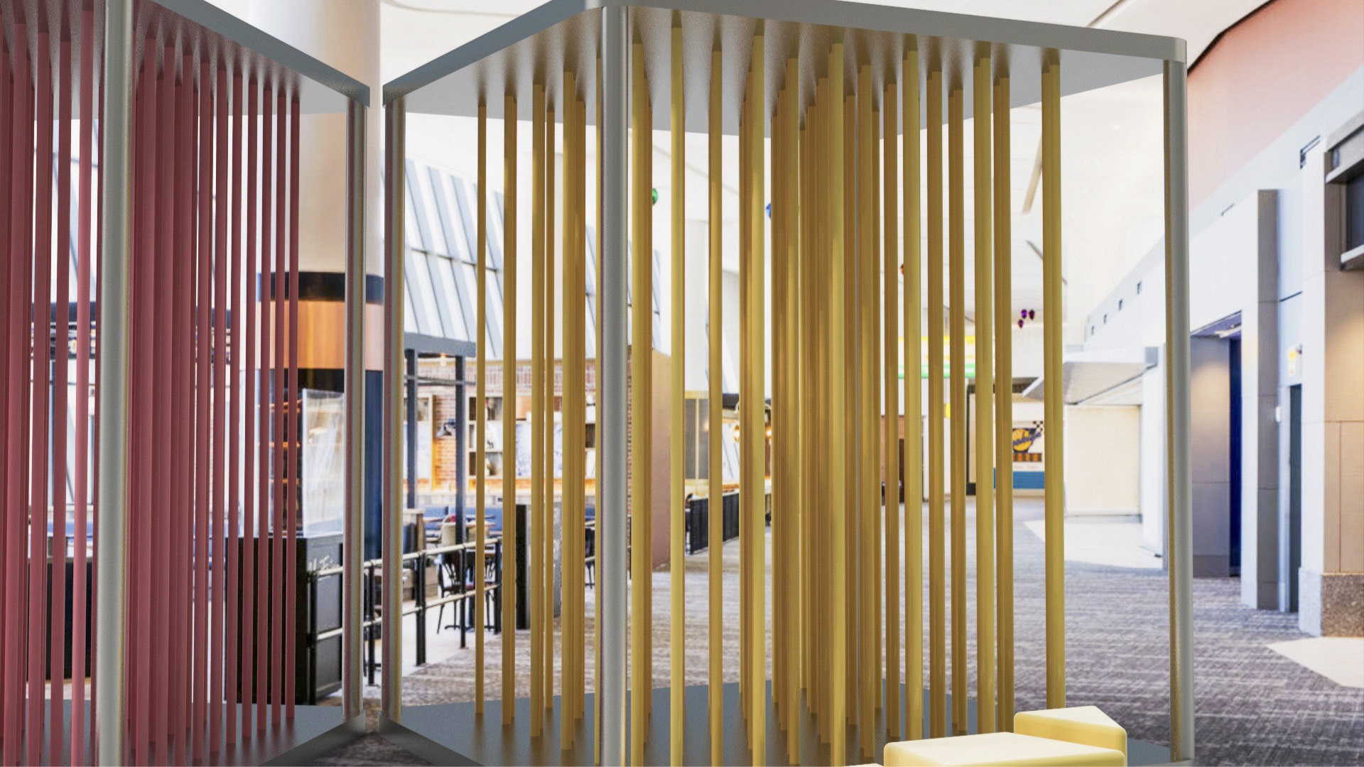 Rendering of large structure in an airport featuring pink and yellow vertical rubber bars.