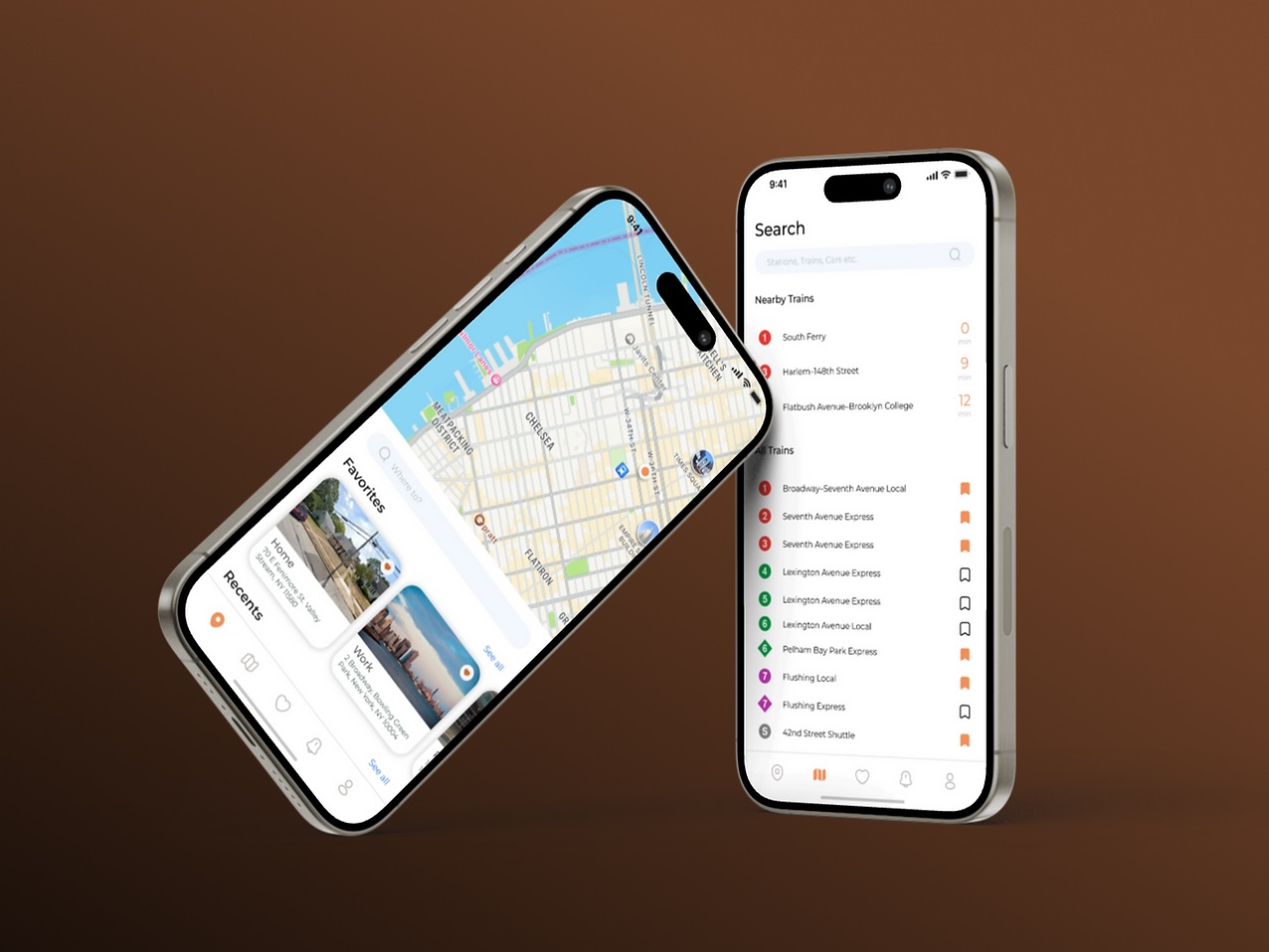 Two phones: one screen has a map, the other has a Search screen.