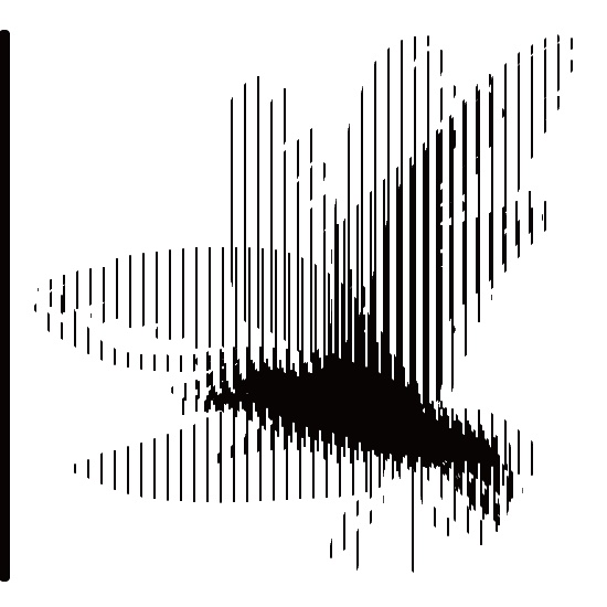 Abstract image of a black silhouette of a butterfly, with vertical lines dissecting the form to create a striped effect. The lines obscure parts of the butterfly's wings and body, resulting in a fragmented yet recognizable design.