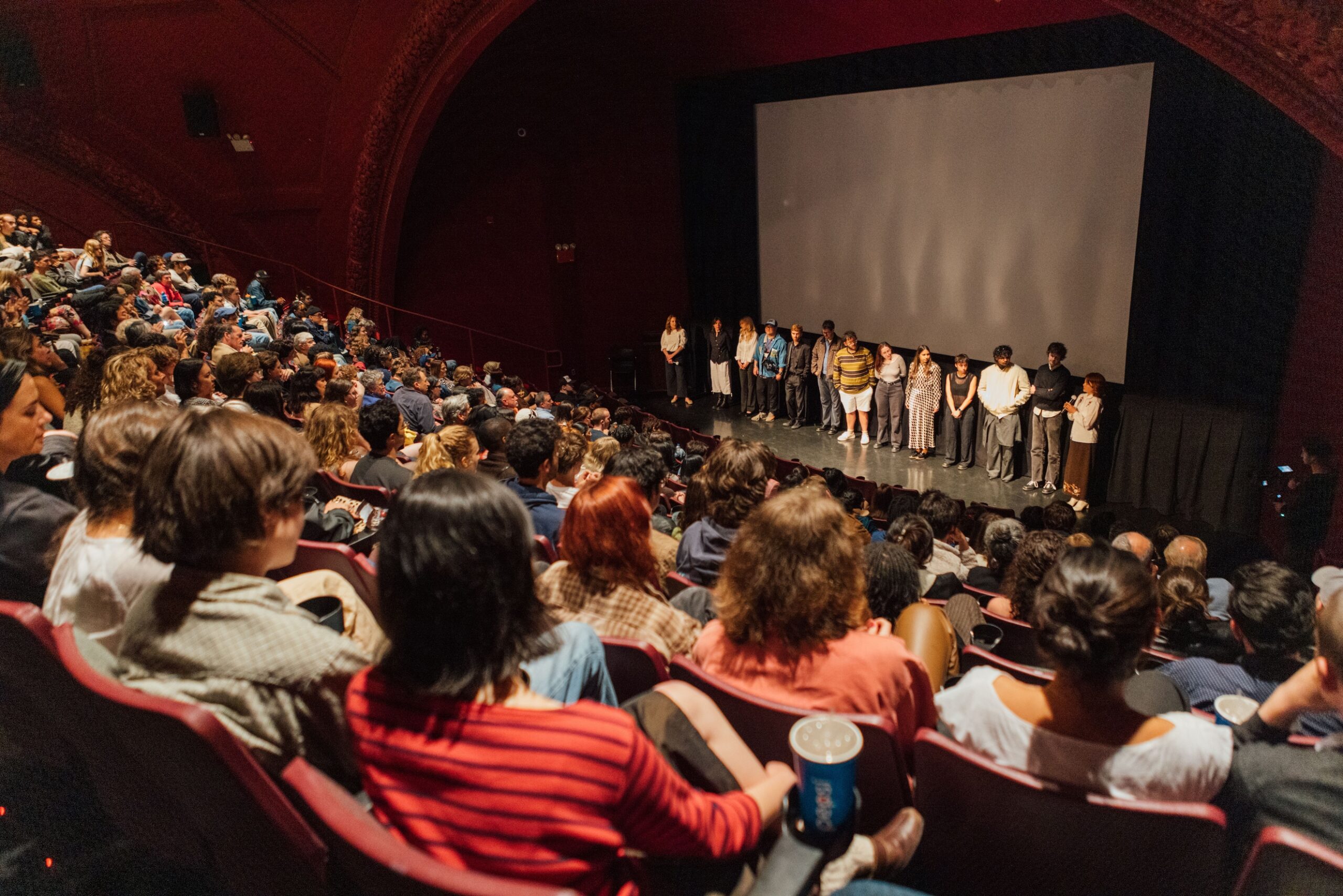 A full auditorium faces a group of people in a row on stage