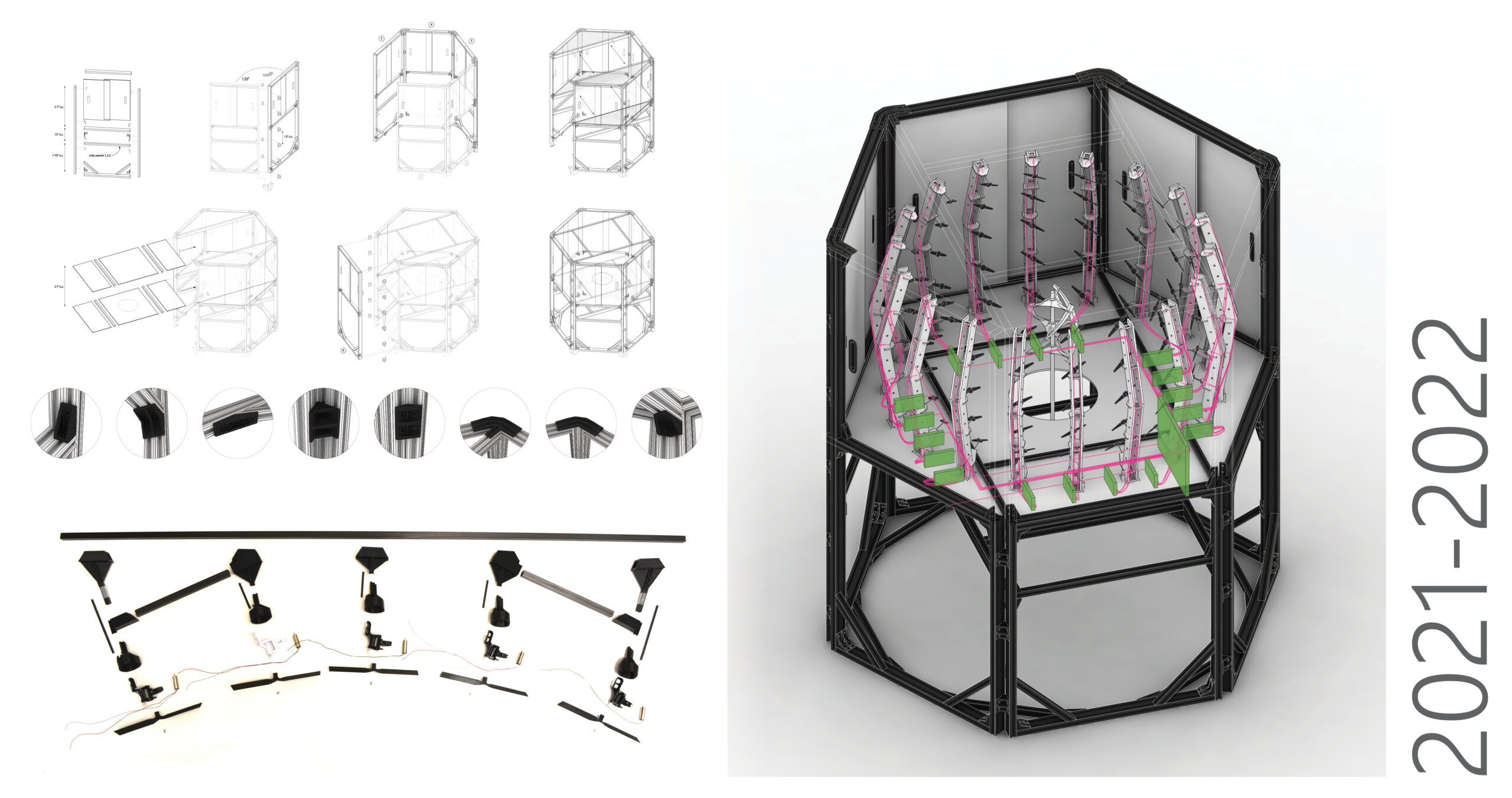 A visual breakdown of a modular architectural prototype by Ajmal Aqtash from 2021–2022. The left section includes schematic diagrams of hexagonal units with labeled structural connectors and close-ups of joint details. The bottom displays exploded parts of a modular lighting or mechanical system. The right side showcases a rendered 3D view of the completed hexagonal structure with interior elements such as vertical panels and wiring pathways. The text “2021–2022” is displayed vertically on the right edge.