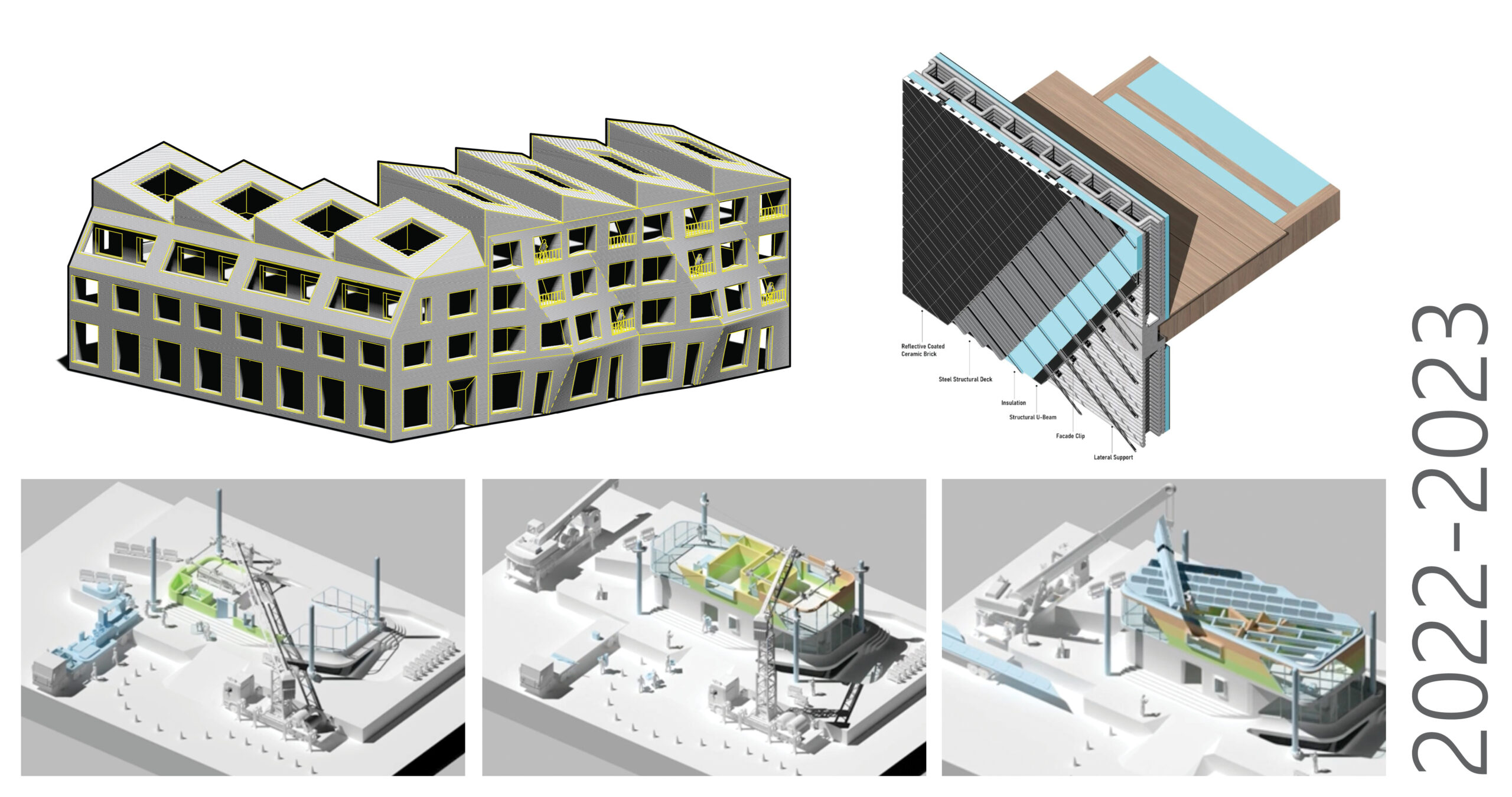 A digital collage of architectural renderings and construction sequences from Ajmal Aqtash’s 2022–2023 research. The top row features a stylized multi-story building with a sawtooth roof and an axonometric detail of a façade assembly labeled with components like insulation and ceramic brick. The bottom row shows three stages of a construction site model, highlighting stages of installation and structure formation. The label “2022–2023” appears vertically along the right edge.