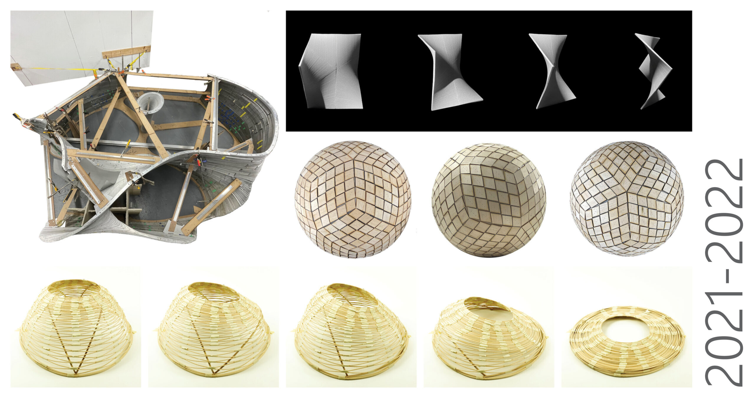 A visual composition highlighting Haresh Lalvani’s research from 2021–2022. The left features a complex curvilinear formwork model with internal wooden supports. The top-center displays a sequence of grayscale sculptural forms showing progressive twisting motion. The middle row shows spherical tiling models composed of grid-like modular panels. The bottom row presents a step-by-step transformation of a woven dome structure constructed from thin bamboo or reed material, gradually deconstructed into a flat spiral. The text