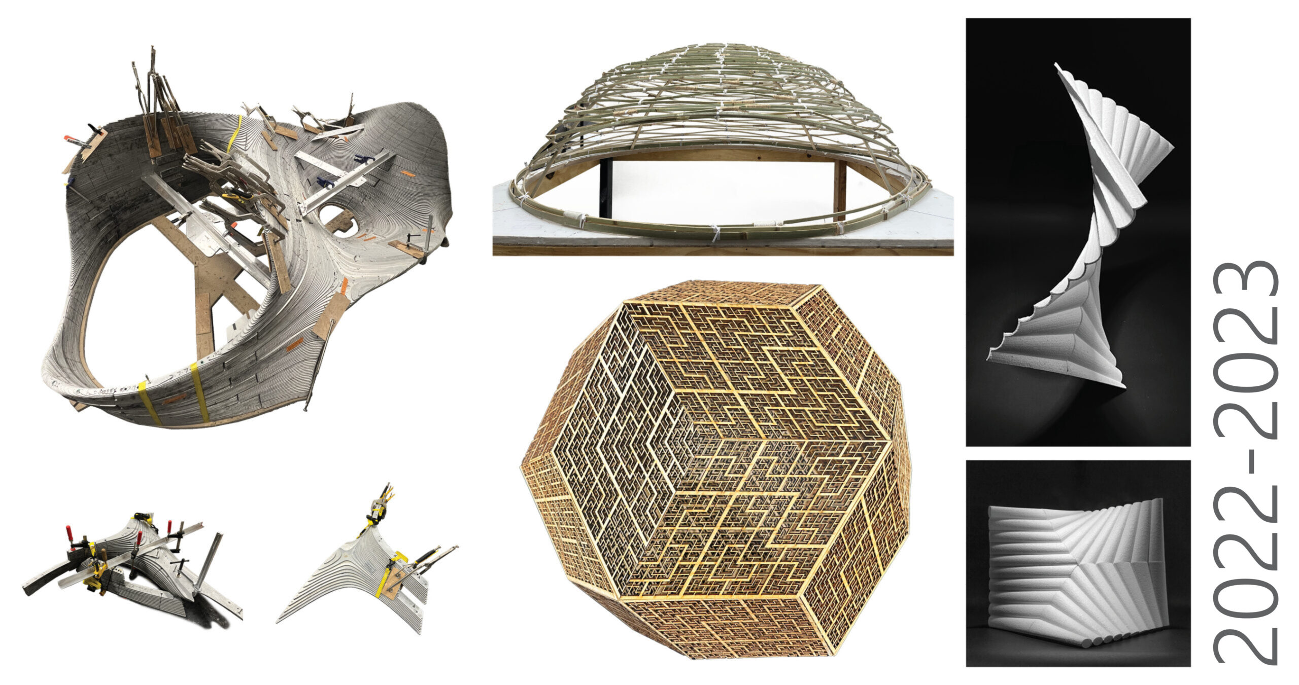A digital collage showcasing Haresh Lalvani’s computational design work from 2022–2023. Featured on the left are views of an intricate, curvilinear formwork structure made of layered material, secured with clamps and supports. The top-center shows a wooden grid dome structure. In the middle, a complex geometric polyhedron made from interwoven patterned materials. On the right, black-and-white sculptural forms display twisting and folding geometries, captured dramatically against black backgrounds. The text