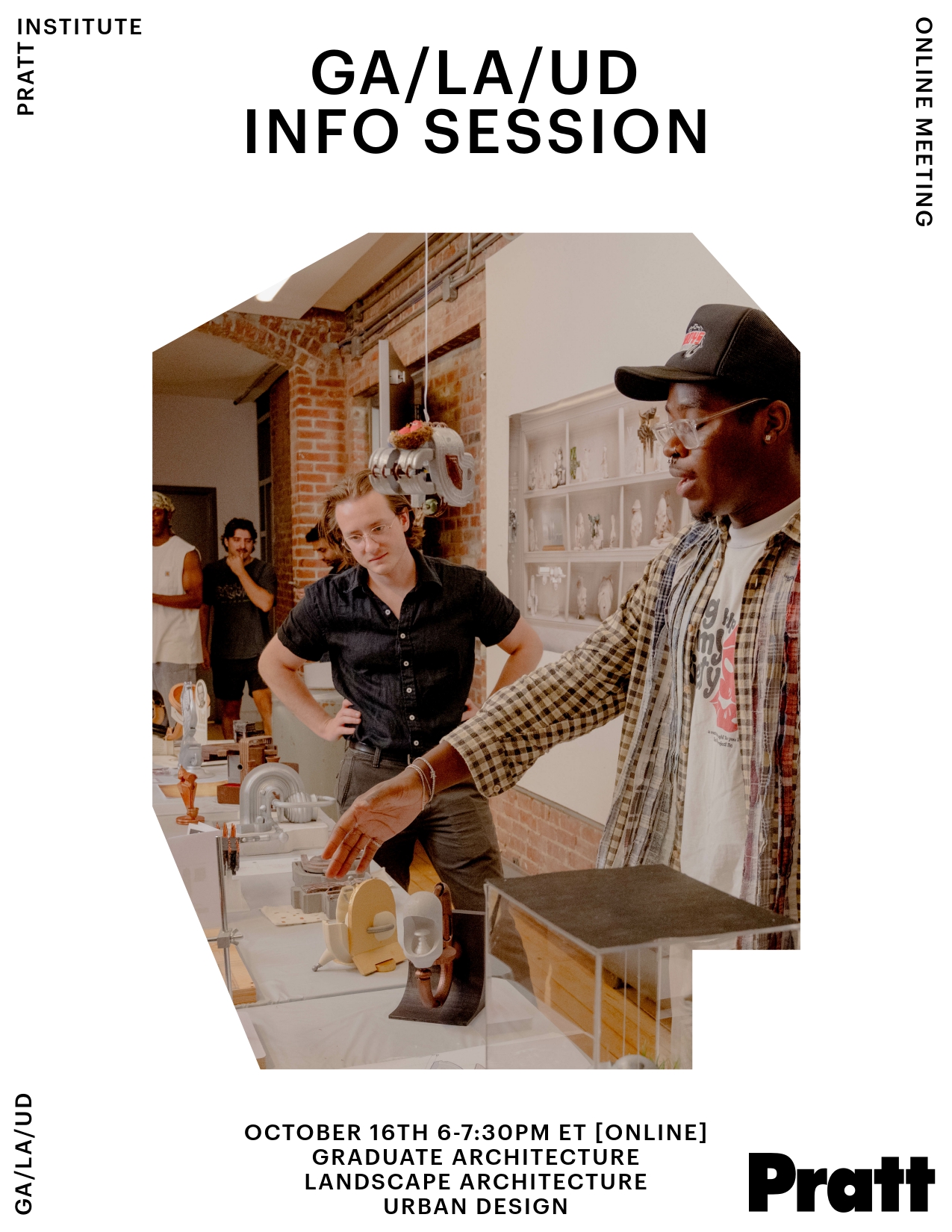 Announcement poster for GA/LA/UD information session on 10.16.24, with an image of people showing their architecture models in an exhibit.