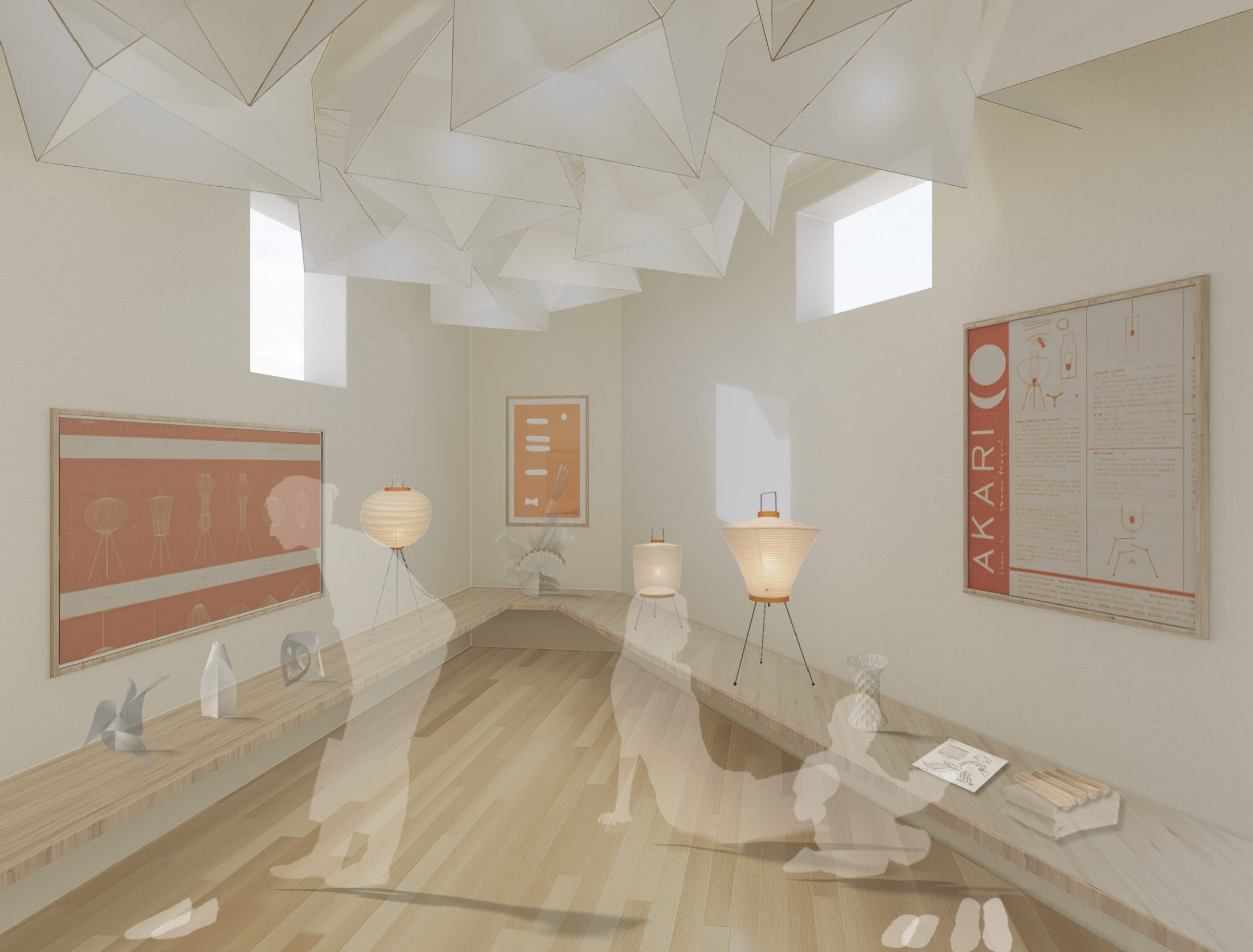 A rendering of an exhibition space shows figures stooping and kneeling to look at Noguchi lamp images and sculptural objects set on low wood slabs, beneath a ceiling made of folded paper-like material