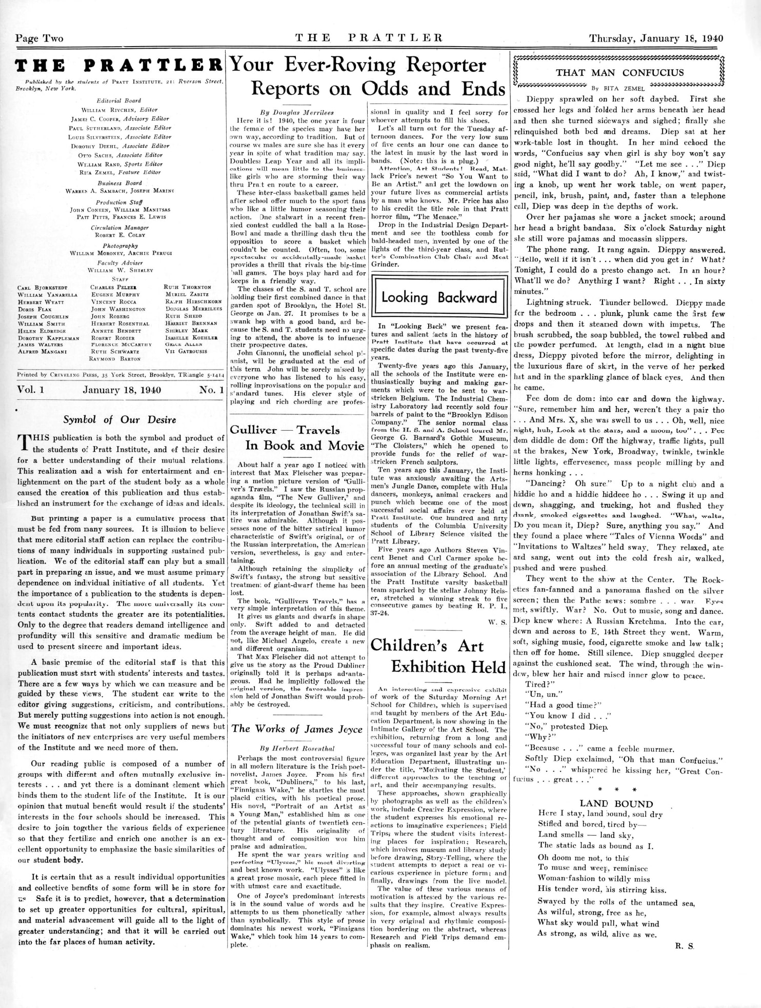 Page two of the January 18, 1940 Prattler publication; text is arranged in four columns with headings that read “Symbol of Our Desire”, “Your Ever-Roving Reporter on Odds and Ends”, and “That Man Confucius”