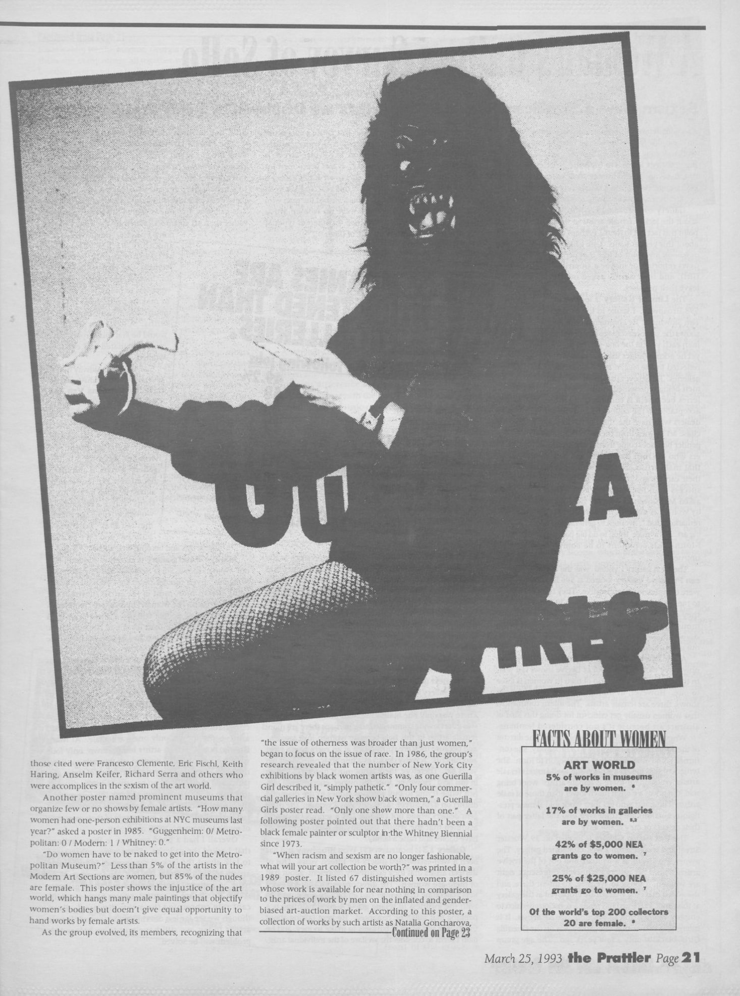 Page 21 of the March 25, 1993 Prattler publication; majority of page features a B&W image of a figure in a gorilla mask holding a banana overlaid with the text “GUERRILLA GIRLS”; below it, body text, and to the lower right hand corner, a graphic labeled “FACTS ABOUT WOMEN”