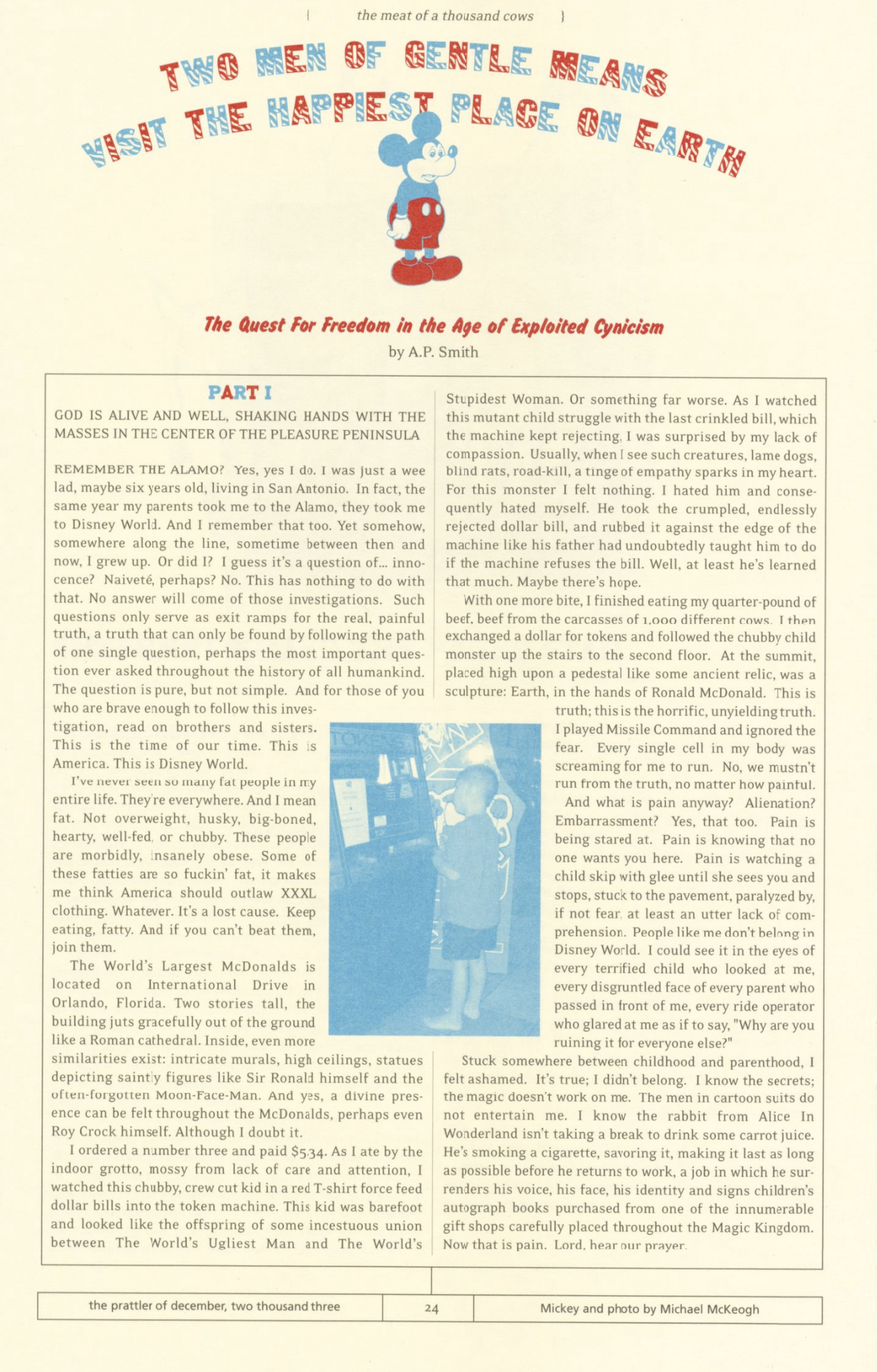 Off-white page with title text “TWO MEN OF GENTLE MEANS VISIT THE HAPPIEST PLACE ON EARTH” in alternating red and blue lettering decorated with stars and stripes, overlaid with an illustration of Mickey Mouse; body text is arranged in two columns with a blue-tinted image of a young boy at a token machine in the center of the page