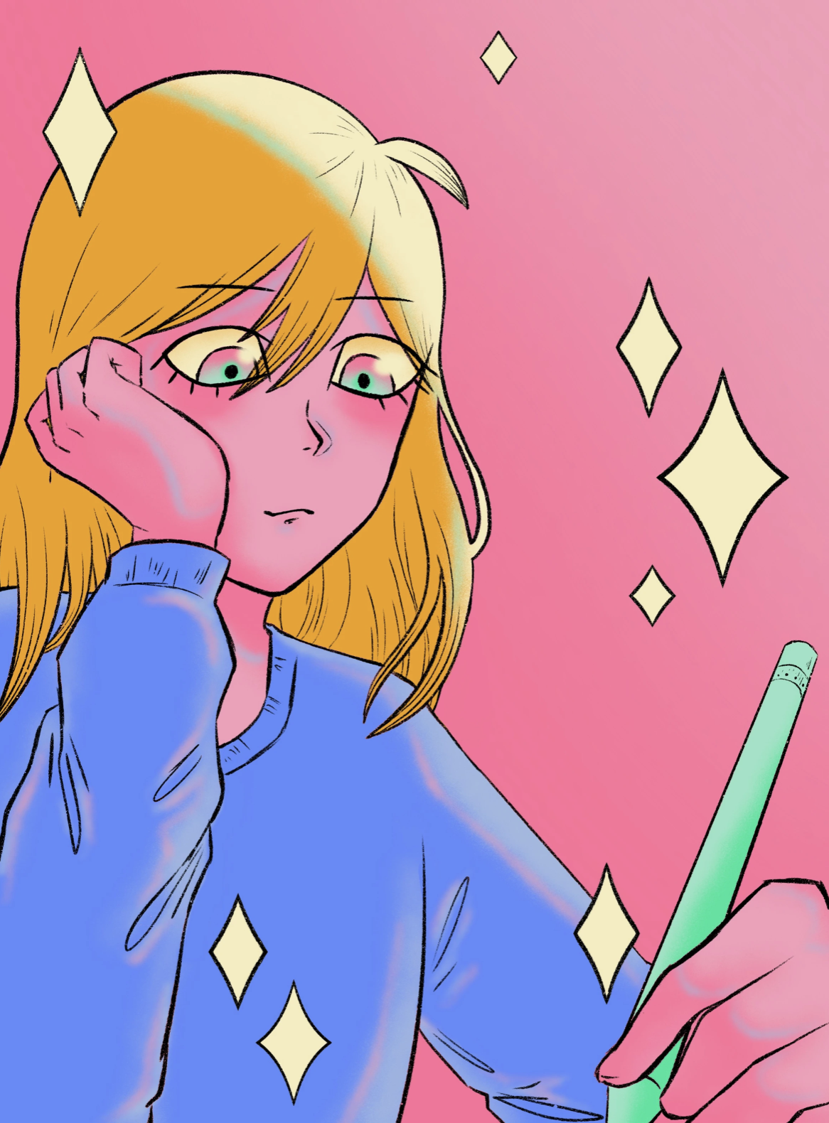 An illustration of a person with blonde hair in a blue sweater with their hand resting against their cheek, the other hand holding a green pen surrounded by pastel yellow sparkles