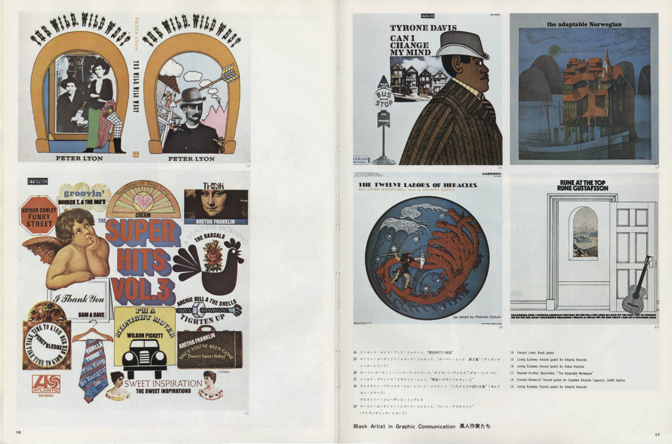 A spread from the book HERE: Where the Black Designers Are, featuring works of graphic design, including a book jacket for a novel titled “THE WILD WILD WEST” and record jackets for artists including Tyone Davis and Rune Gustafsson, among other illustrations.