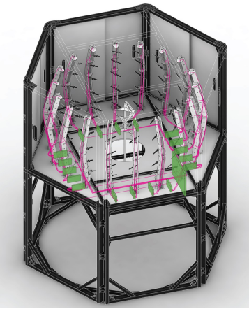 3D render of an octagonal frame structure with an array of pink and green components inside, arranged in a radial pattern, possibly for mechanical or electronic functionality.