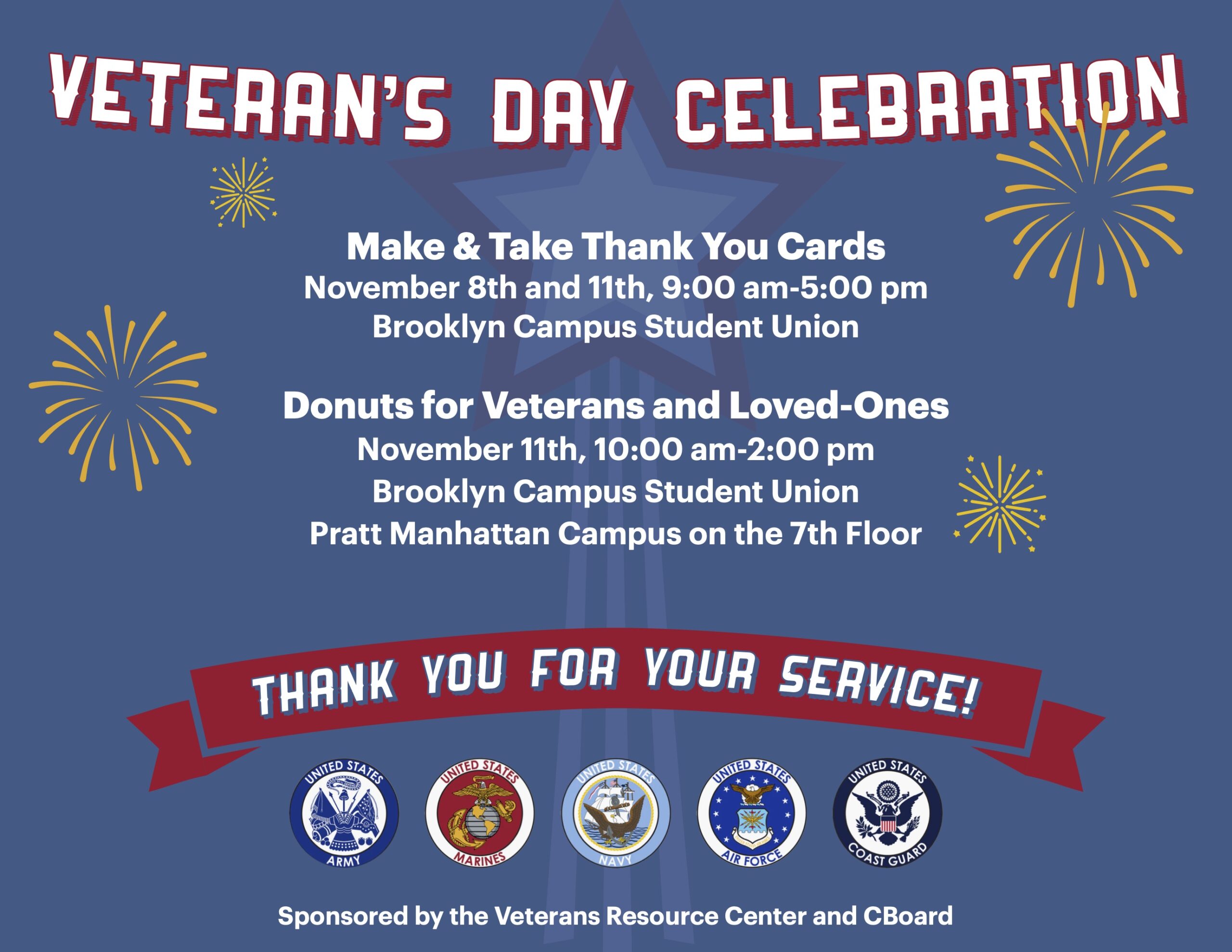 Veteran's Day Celebration flyer featuring a blue background with red, white, and yellow fireworks. The main title reads,