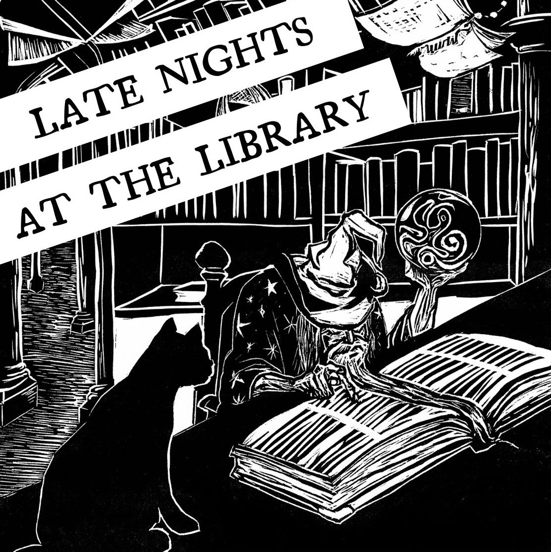 A black and white illustration depicting a wizard in a star-covered robe reading an oversized book, with a mystical orb in one hand. A cat sits nearby, silhouetted against the detailed backdrop of bookshelves and glowing lanterns. The text