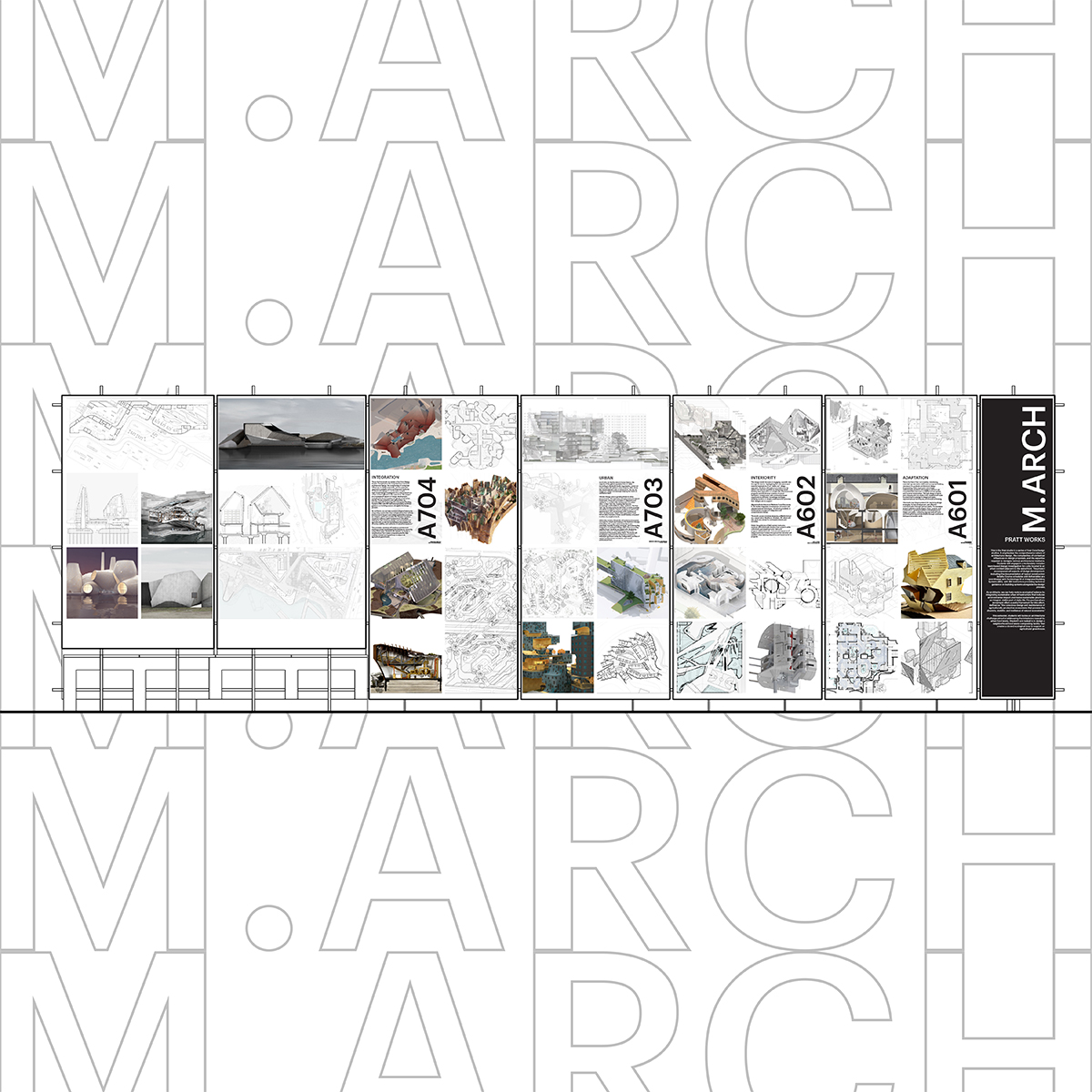 Exhibition panel showcasing M.Arch student work from Pratt Works. The background features a repeated 'M.ARCH' text pattern.