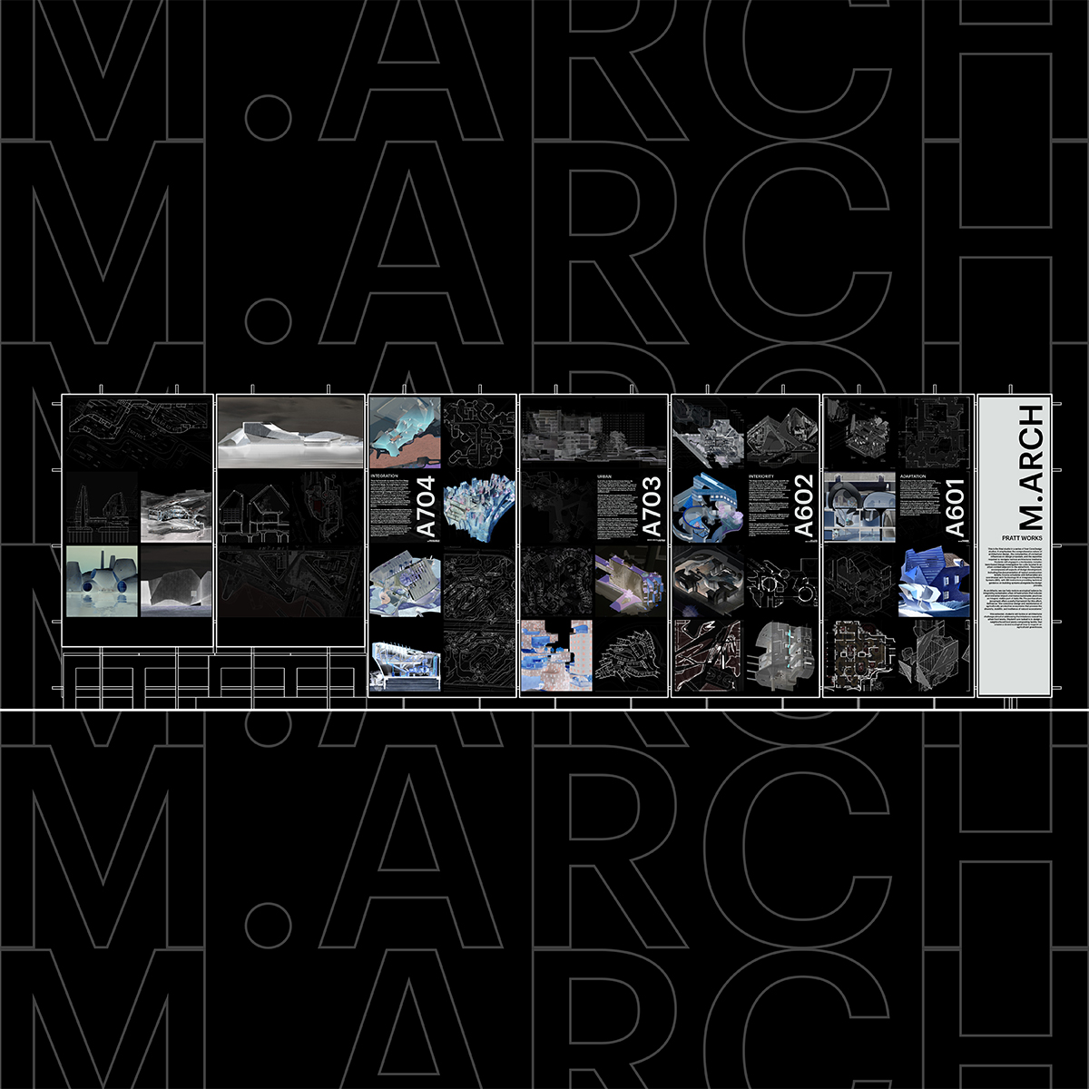 Exhibition panel showcasing M.Arch student work from Pratt Works with a dark-themed design. The background features a repeated 'M.ARCH' text pattern in black.