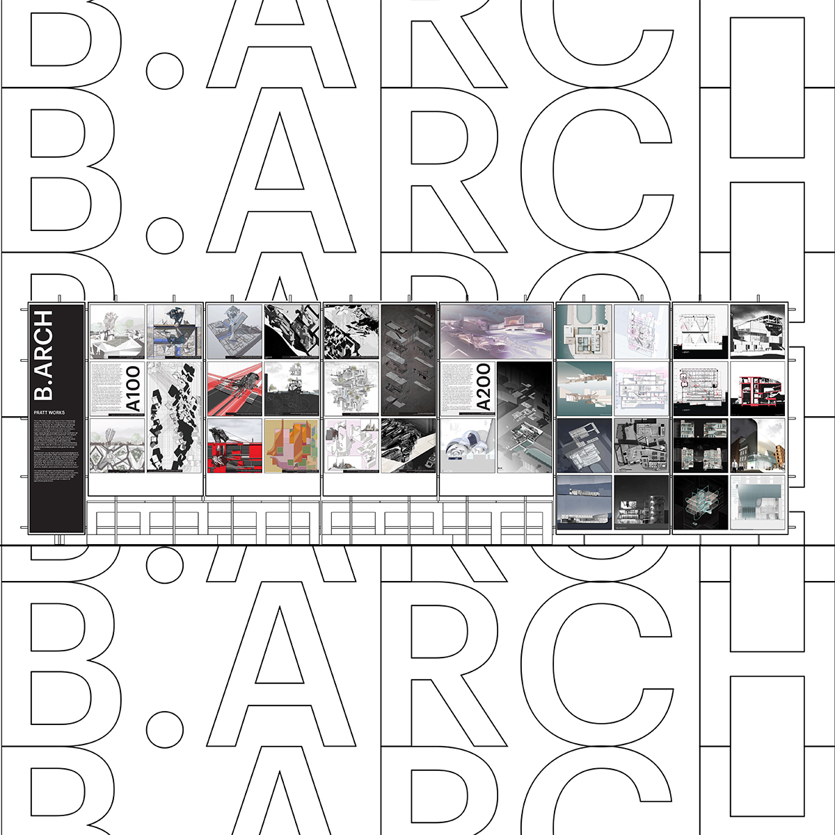 Exhibition panel showcasing B.Arch student work from Pratt Works. The background features a repeated 'B.ARCH' text pattern.