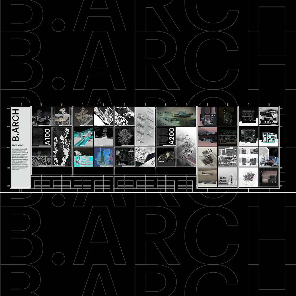 Exhibition panel showcasing B.Arch student work from Pratt Works with a dark-themed design. The background features a repeated 'B.ARCH' text pattern in black.