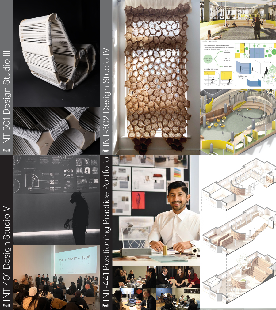 Collage of 9 images of student work showing - chair designed in INT-301 Studio fabricated in wood using CNC machine and cord; curtain designed in INT-302 Studio made of burlap aggregation units that filter natural light; Office project orthographic drawings and perspectives; Image of professor experiencing an animation with virtual reality glasses; Photograph of alumni in the workplace preparing material samples; Three floor axonometric of Library Project; Photograph of students presenting projected work to community guests; Photographs of Interior Design Career Night where students network with industry professional and showcase their portfolios and resumes.