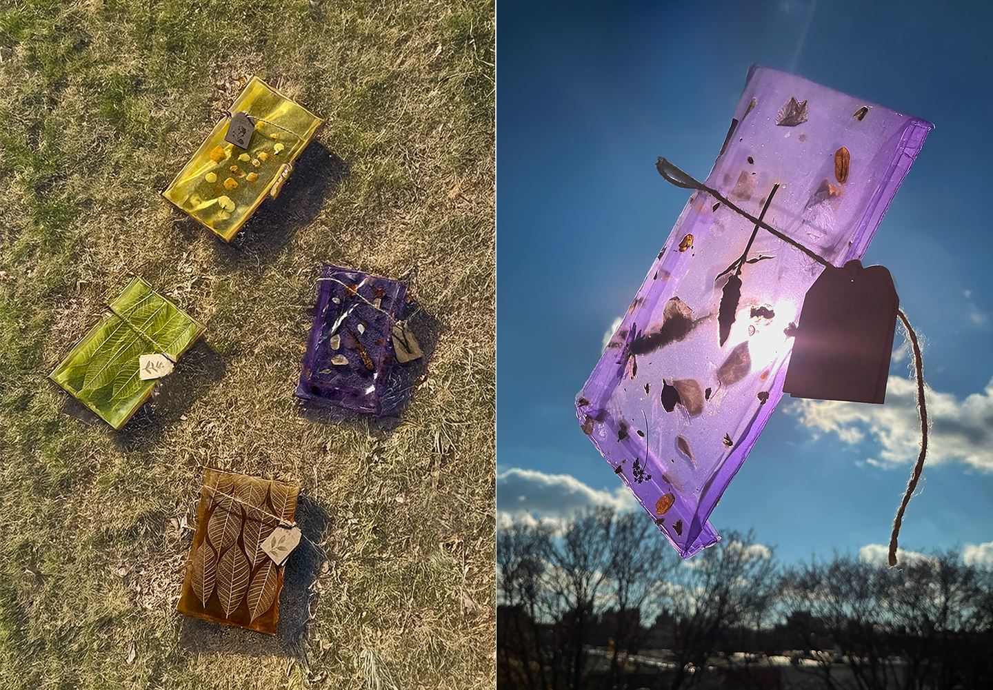 The image on the left shows four loose tea bags of different colors arrayed on grass; the second image shows a loose tea bag held aloft against a blue sky with the sun shining through the bag.