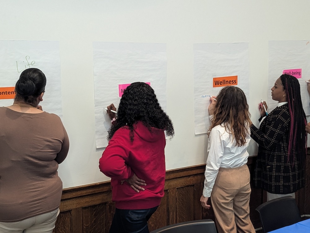Four people are writing on papers on the wall. One paper is labelled